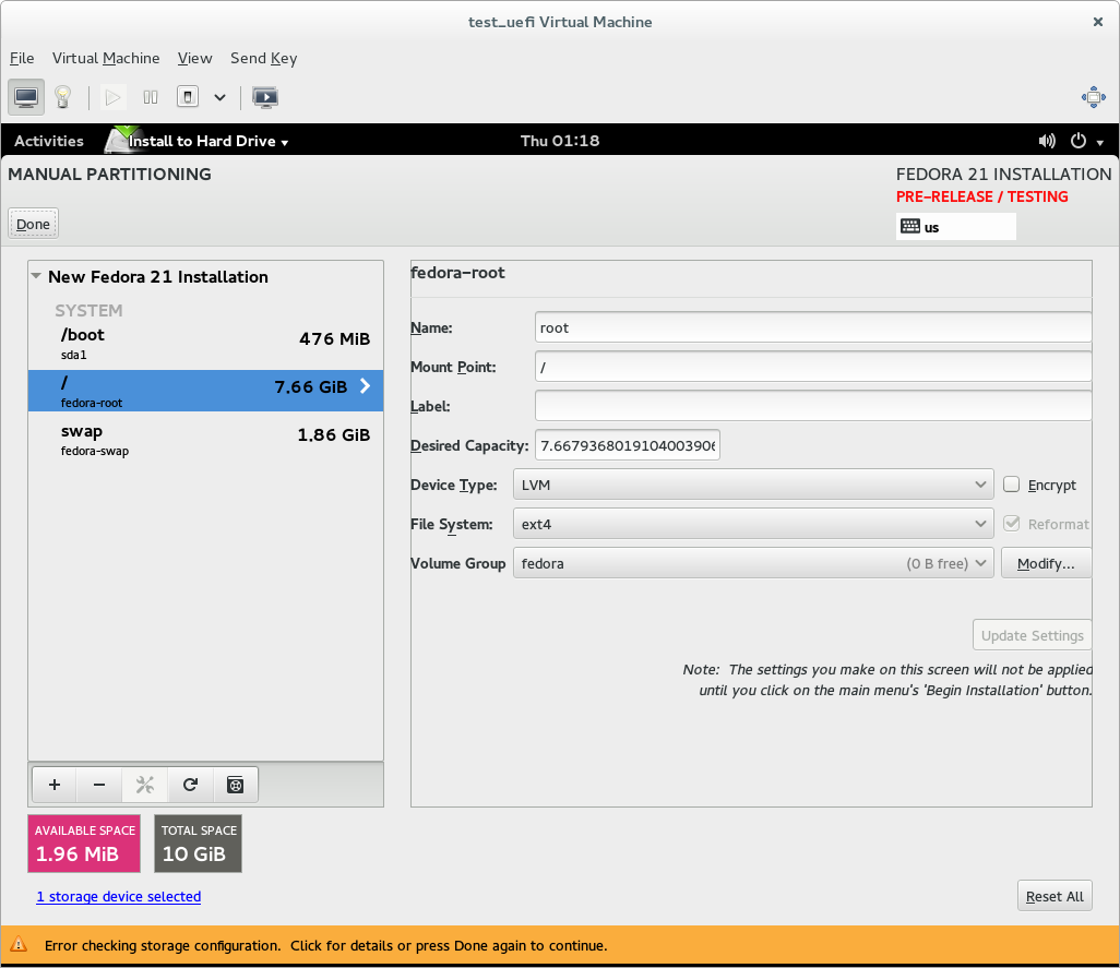 Error checking in custom partitioning screen